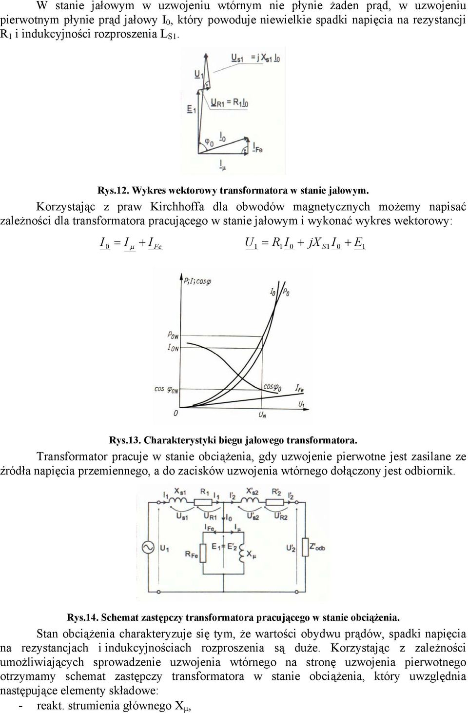Korystając praw Kirchhoffa dla obwodów magnetycnych możemy napisać ależności dla transformatora pracującego w stanie jałowym i wykonać wykres wektorowy: 0 µ Fe U 0 jx S 0 ys.3.