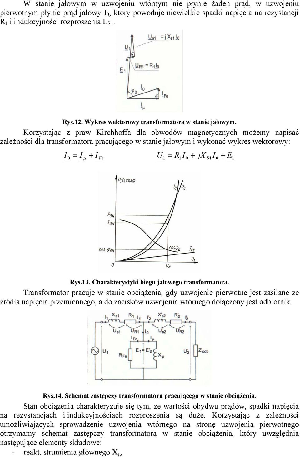Korystając praw Kirchhoffa dla obwodów magnetycnych możemy napisać ależności dla transformatora pracującego w stanie jałowym i wykonać wykres wektorowy: 0 µ Fe U 0 jx S 0 ys.3.