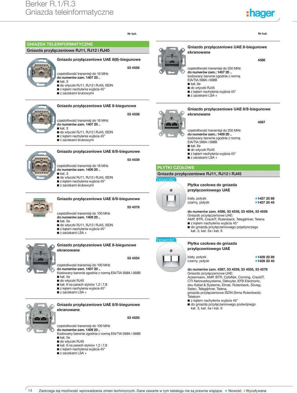 częstotliwość transmisji do 16 MHz do numerów zam. 1407 20.. kat. 3 do wtyczki RJ11, RJ12 i RJ45, ISDN z kątem nachylenia wyjścia 45 53 4556 częstotliwość transmisji do 250 MHz do numerów zam.
