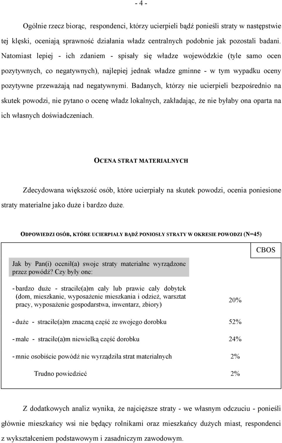 Badanych, którzy nie ucierpieli bezpośrednio na skutek powodzi, nie pytano o ocenę władz lokalnych, zakładając, że nie byłaby ona oparta na ich własnych doświadczeniach.