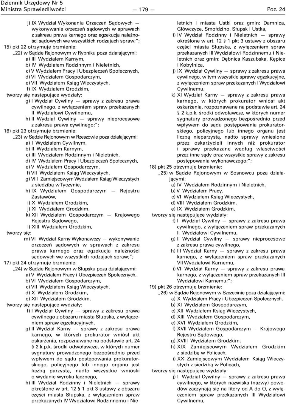 brzmienie: 22) w Sądzie Rejonowym w Rybniku poza działającymi: a) III Wydziałem Karnym, b) IV Wydziałem Rodzinnym i Nieletnich, c) V Wydziałem Pracy i Ubezpieczeń Społecznych, d) VI Wydziałem