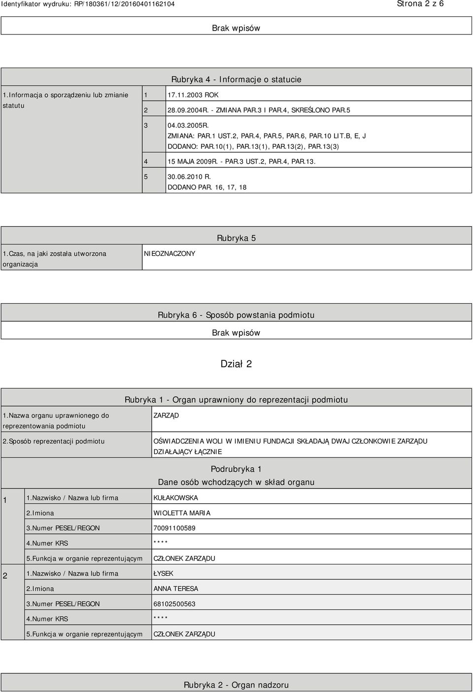 Czas, na jaki została utworzona organizacja NIEOZNACZONY Rubryka 6 - Sposób powstania podmiotu Dział 2 Rubryka 1 - Organ uprawniony do reprezentacji podmiotu 1.