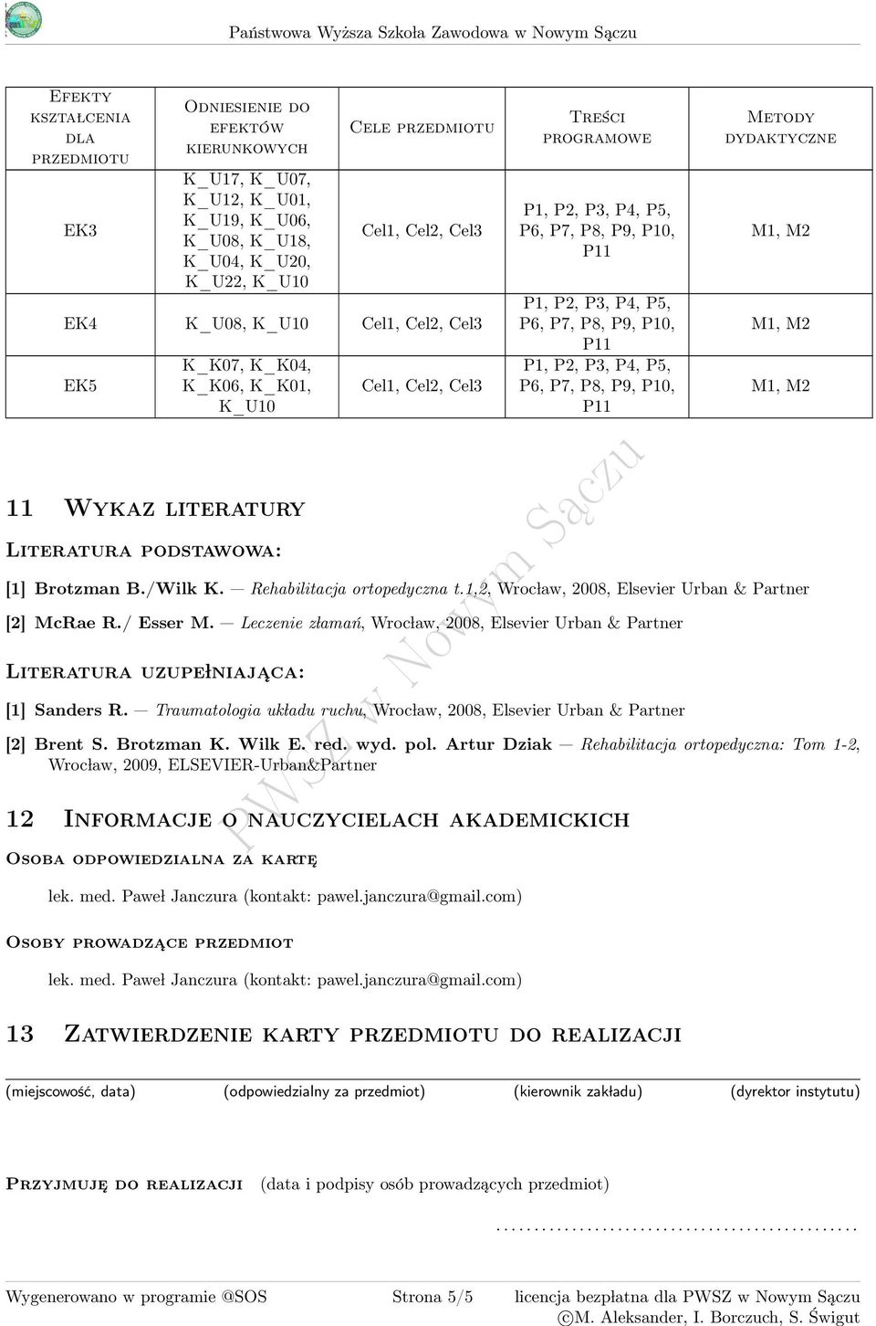 programowe P1, P, P, P, P, P1, P, P, P, P, P1, P, P, P, P, Metody dydaktyczne M1, M M1, M M1, M [1] Brotzman B./Wilk K. Rehabilitacja ortopedyczna t.