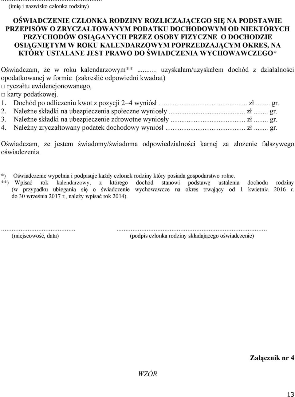 .. uzyskałam/uzyskałem dochód z działalności opodatkowanej w formie: (zakreślić odpowiedni kwadrat) ryczałtu ewidencjonowanego, karty podatkowej. 1. Dochód po odliczeniu kwot z pozycji 2 4 wyniósł.
