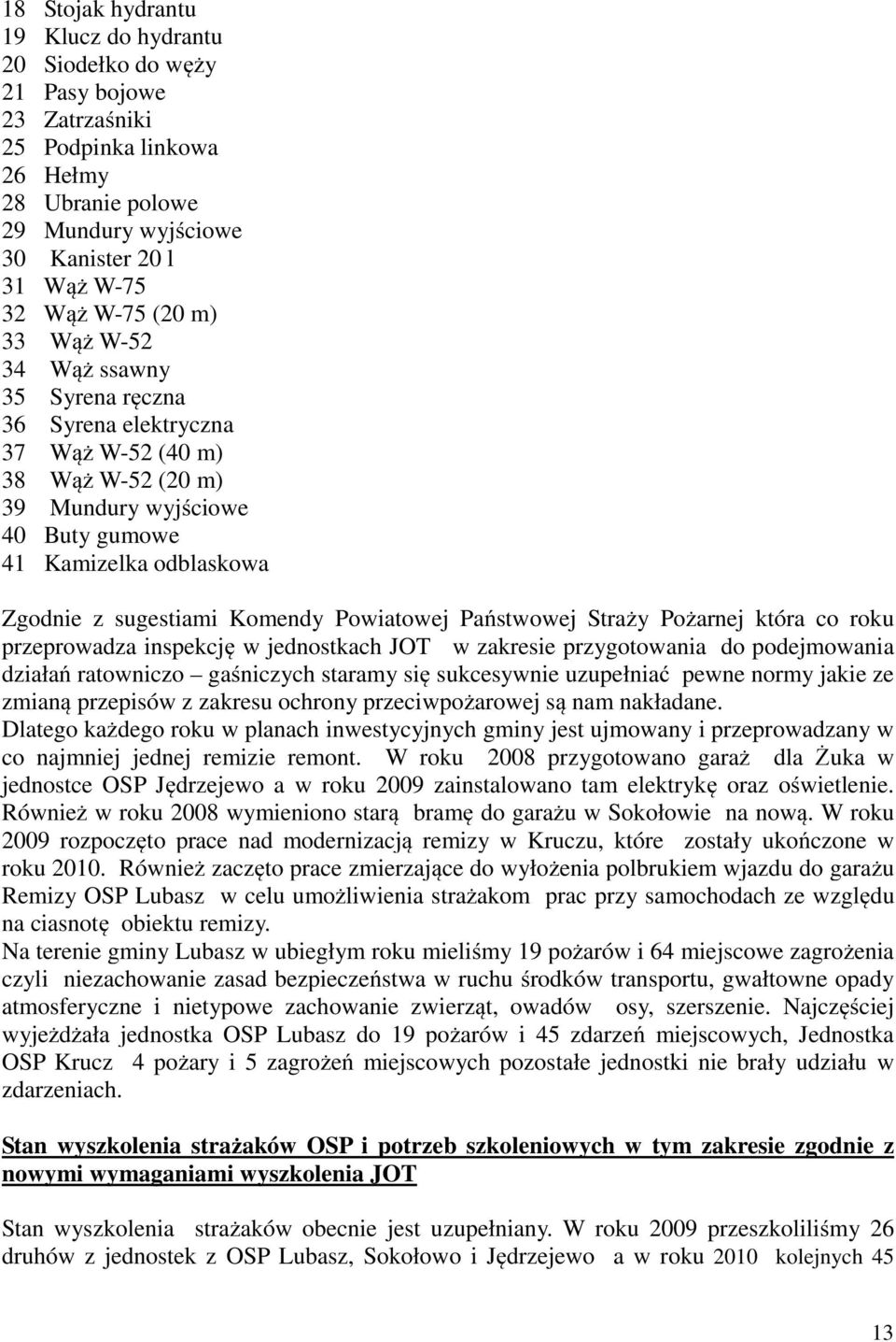 Powiatowej Państwowej Straży Pożarnej która co roku przeprowadza inspekcję w jednostkach JOT w zakresie przygotowania do podejmowania działań ratowniczo gaśniczych staramy się sukcesywnie uzupełniać