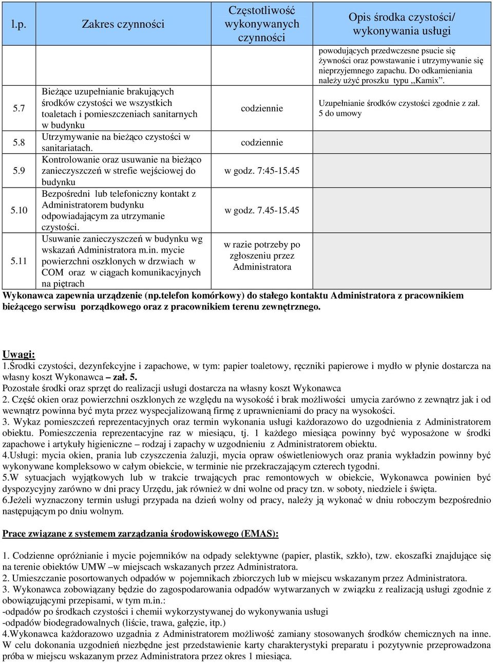 Kontrolowanie oraz usuwanie na bieŝąco zanieczyszczeń w strefie wejściowej do budynku Bezpośredni lub telefoniczny kontakt z Administratorem budynku odpowiadającym za utrzymanie czystości.