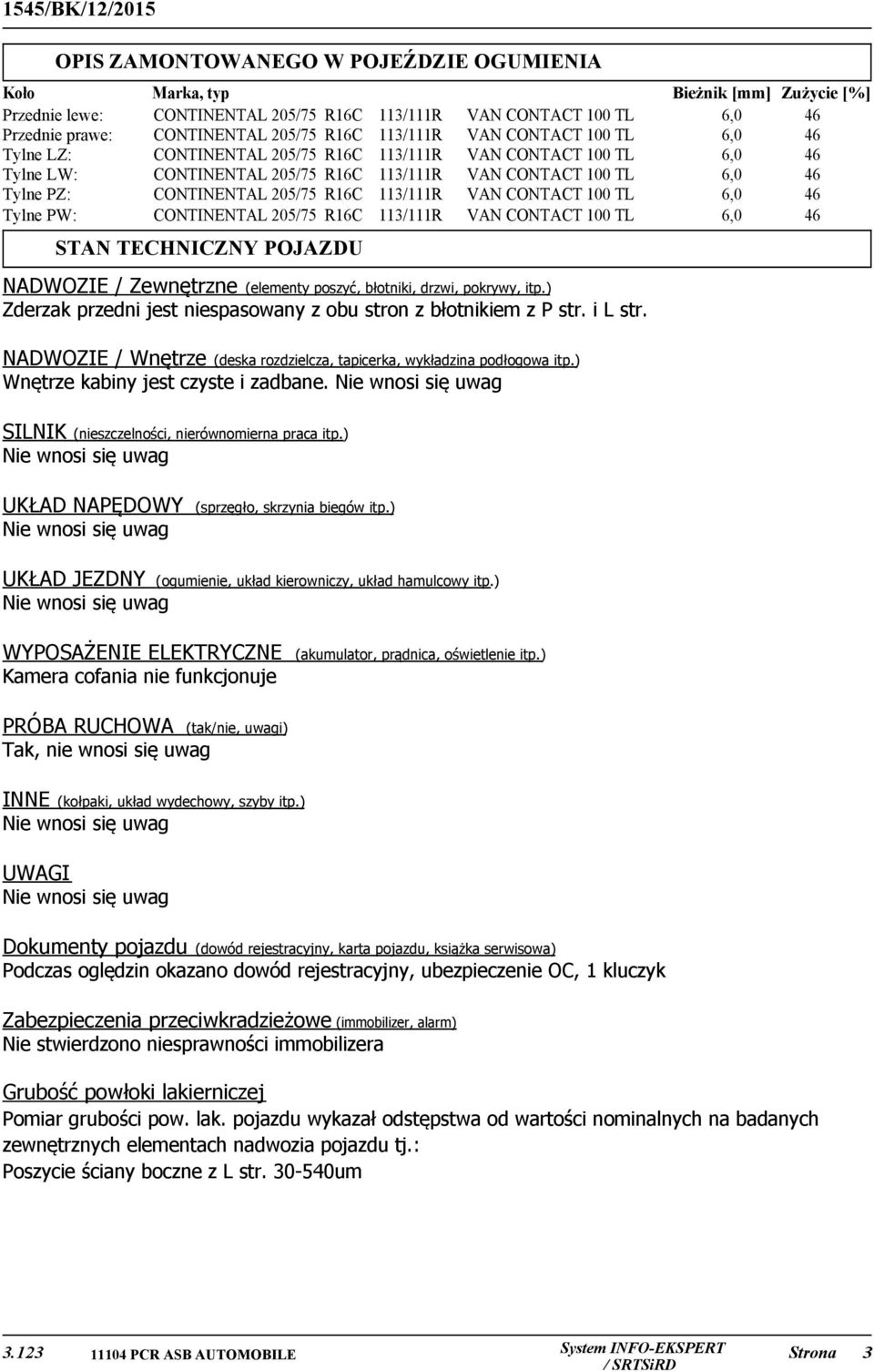 100 TL VAN CONTACT 100 TL VAN CONTACT 100 TL Bieżnik [mm] Zużycie [%] 6,0 46 6,0 46 6,0 46 6,0 46 6,0 46 6,0 46 STAN TECHNICZNY POJAZDU NADWOZIE / Zewnętrzne (elementy poszyć, błotniki, drzwi,