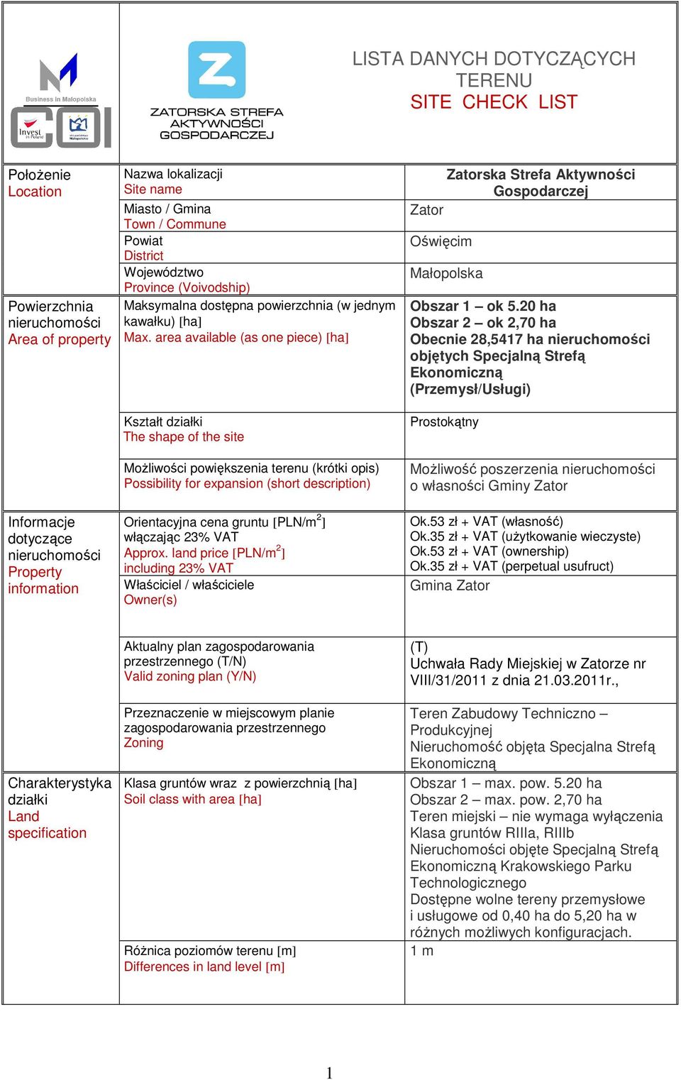 area available (as one piece) [ha] Kształt działki The shape of the site Możliwości powiększenia terenu (krótki opis) Possibility for expansion (short description) Orientacyjna cena gruntu [PLN/m 2 ]
