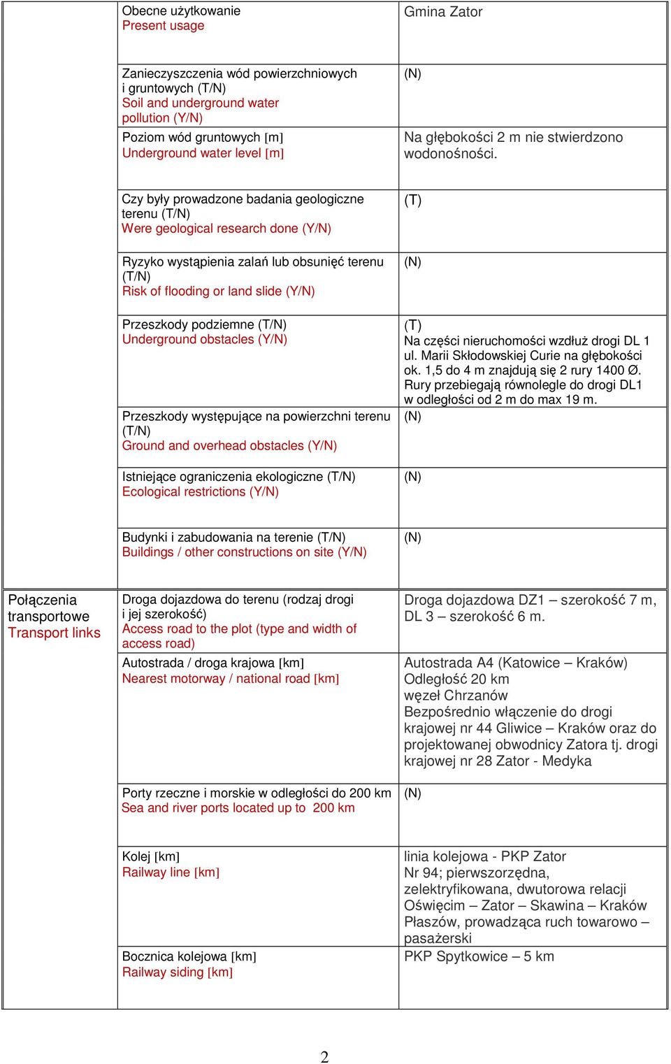 Czy były prowadzone badania geologiczne terenu (T/N) Were geological research done (Y/N) Ryzyko wystąpienia zalań lub obsunięć terenu (T/N) Risk of flooding or land slide (Y/N) Przeszkody podziemne