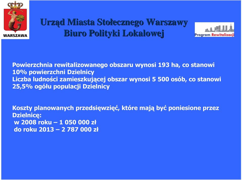 25,5% ogółu populacji Dzielnicy Koszty planowanych przedsięwzięć, które mają