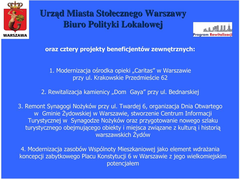 Twardej 6, organizacja Dnia Otwartego w Gminie śydowskiej w Warszawie, stworzenie Centrum Informacji Turystycznej w Synagodze NoŜyków oraz przygotowanie nowego