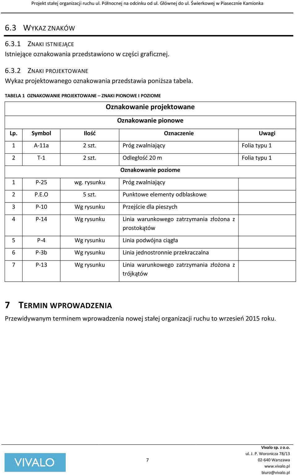 Odległość 20 m Folia typu 1 Oznakowanie poziome 1 P-25 wg. rysunku Próg zwalniający 2 P.E.O 5 szt.