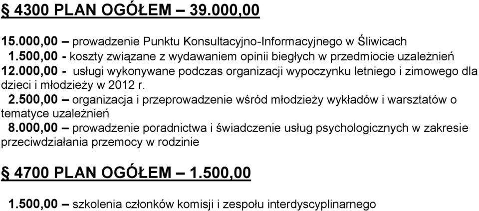 000,00 - usługi wykonywane podczas organizacji wypoczynku letniego i zimowego dla dzieci i młodzieży w 20