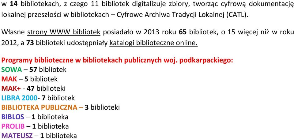 Własne strony WWW bibliotek posiadało w 2013 roku 65 bibliotek, o 15 więcej niż w roku 2012, a 73 biblioteki udostępniały katalogi