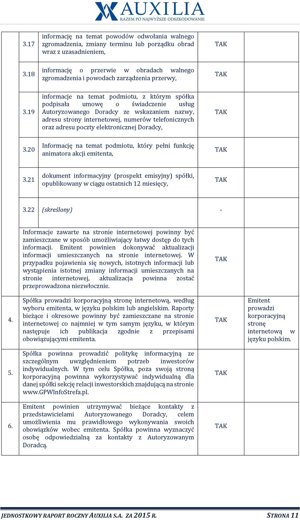 19 informacje na temat podmiotu, z którym spółka podpisała umowę o świadczenie usług Autoryzowanego Doradcy ze wskazaniem nazwy, adresu strony internetowej, numerów telefonicznych oraz adresu poczty