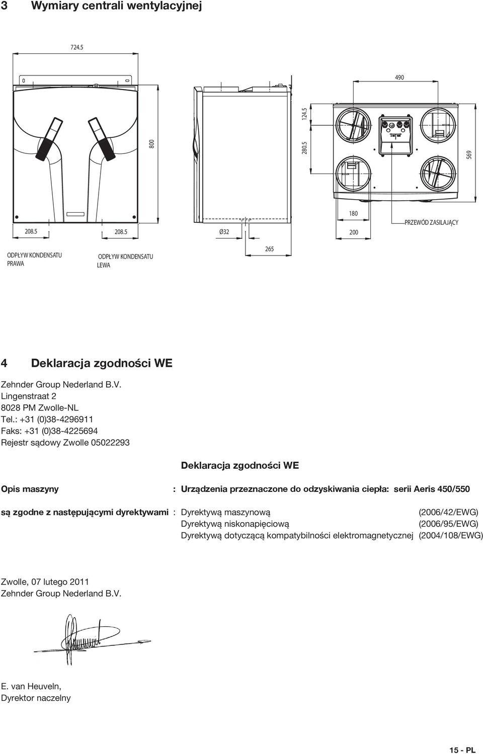 5 Deklaracja zgodności WE ODPŁYW KONDENSATU PRAWA ODPŁYW KONDENSATU LEWA Opis maszyny : Urządzenia przeznaczone do odzyskiwania ciepła: serii Aeris 450/550 są zgodne z następującymi dyrektywami :