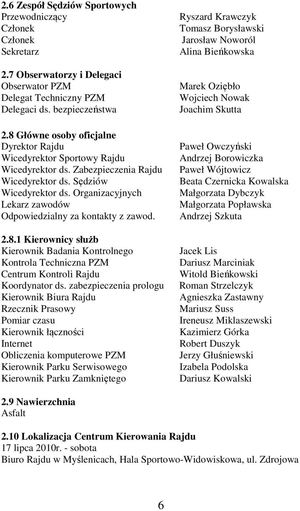 Organizacyjnych Lekarz zawodów Odpowiedzialny za kontakty z zawod. 2.8.1 Kierownicy służb Kierownik Badania Kontrolnego Kontrola Techniczna PZM Centrum Kontroli Rajdu Koordynator ds.
