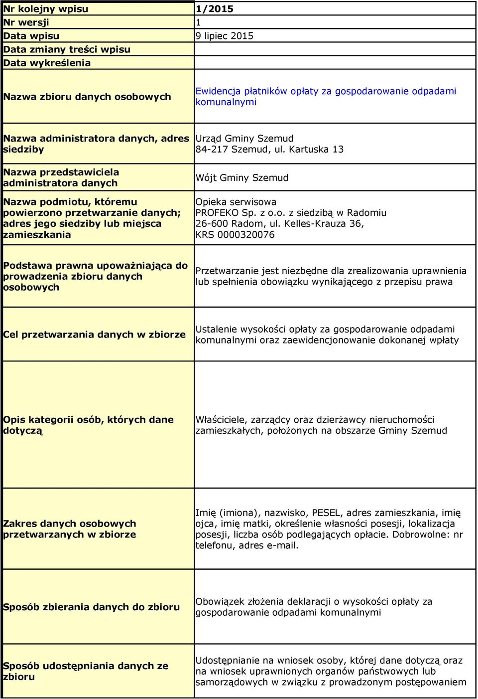 Gminy Szemud 84-217 Szemud, ul. Kartuska 13 Wójt Gminy Szemud Opieka serwisowa PROFEKO Sp. z o.o. z siedzibą w Radomiu 26-600 Radom, ul.