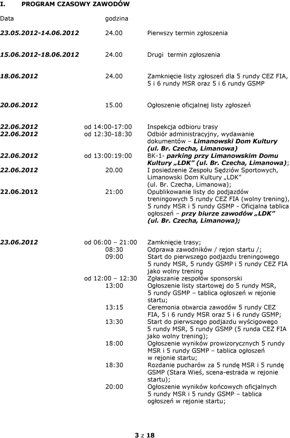 Br. Czecha, Limanowa) 22.06.2012 od 13:00:19:00 BK-1- parking przy Limanowskim Domu Kultury LDK (ul. Br. Czecha, Limanowa); 22.06.2012 20.