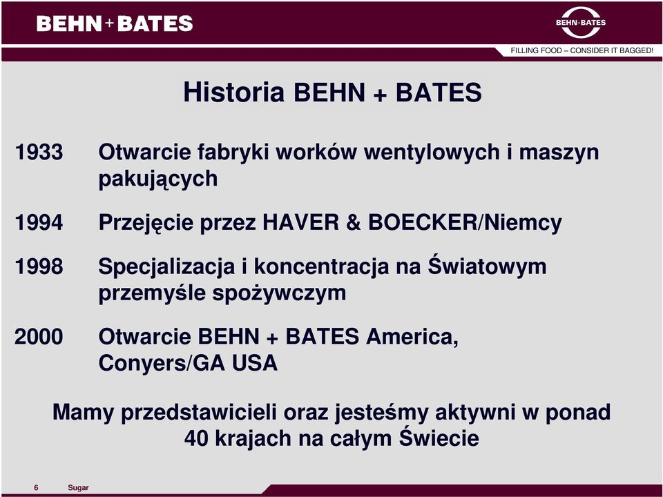 Światowym przemyśle spoŝywczym 2000 Otwarcie BEHN + BATES America, Conyers/GA USA