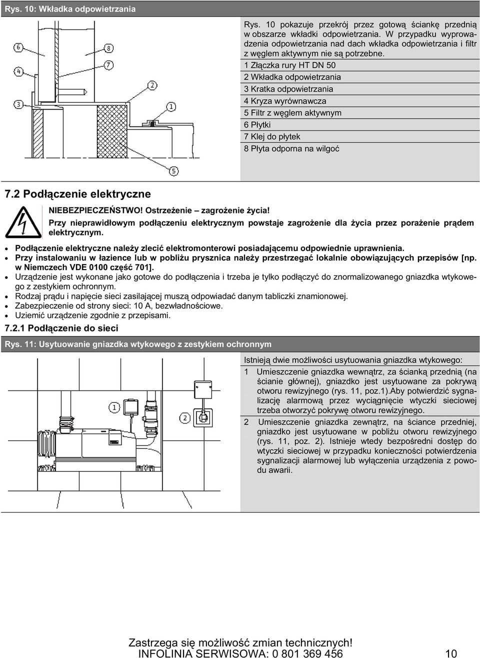 1 Z czka rury HT DN 50 2 Wk adka odpowietrzania 3 Kratka odpowietrzania 4 Kryza wyrównawcza 5 Filtr z w glem aktywnym 6 P ytki 7 Klej do p ytek 8 P yta odporna na wilgo 7.