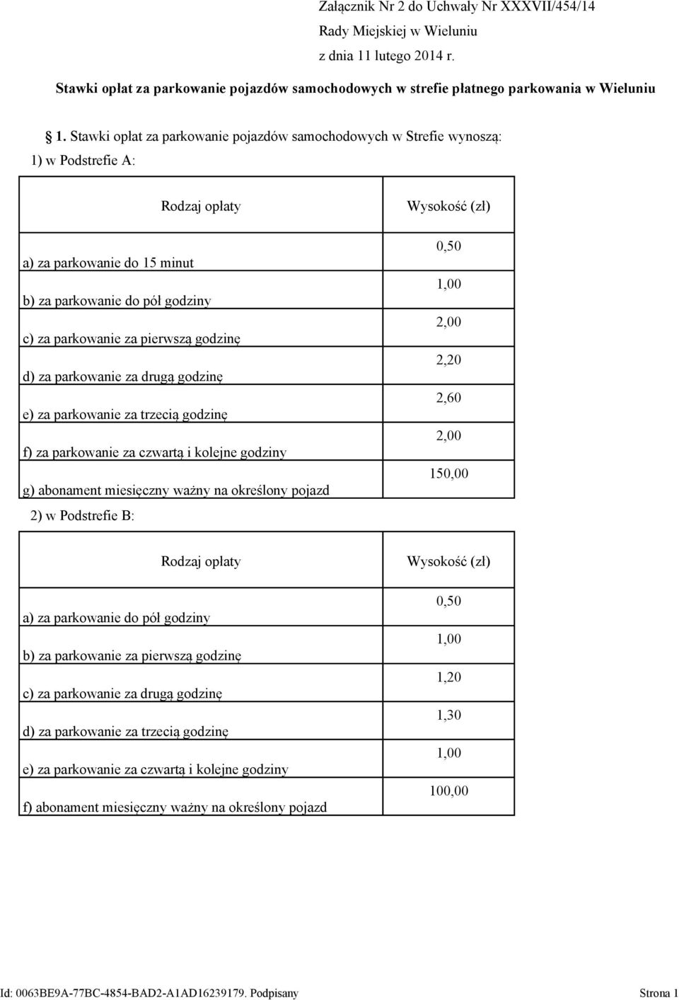 d) za parkowanie za drugą godzinę e) za parkowanie za trzecią godzinę f) za parkowanie za czwartą i kolejne godziny g) abonament miesięczny ważny na określony pojazd 2) w Podstrefie B: Wysokość (zł)