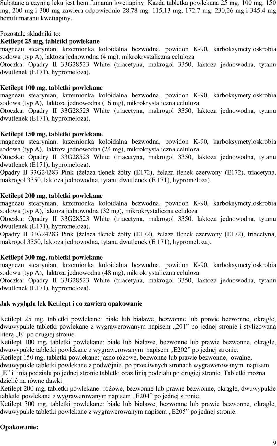 Pozostałe składniki to: Ketilept 25 mg, tabletki powlekane magnezu stearynian, krzemionka koloidalna bezwodna, powidon K-90, karboksymetyloskrobia sodowa (typ A), laktoza jednowodna (4 mg),
