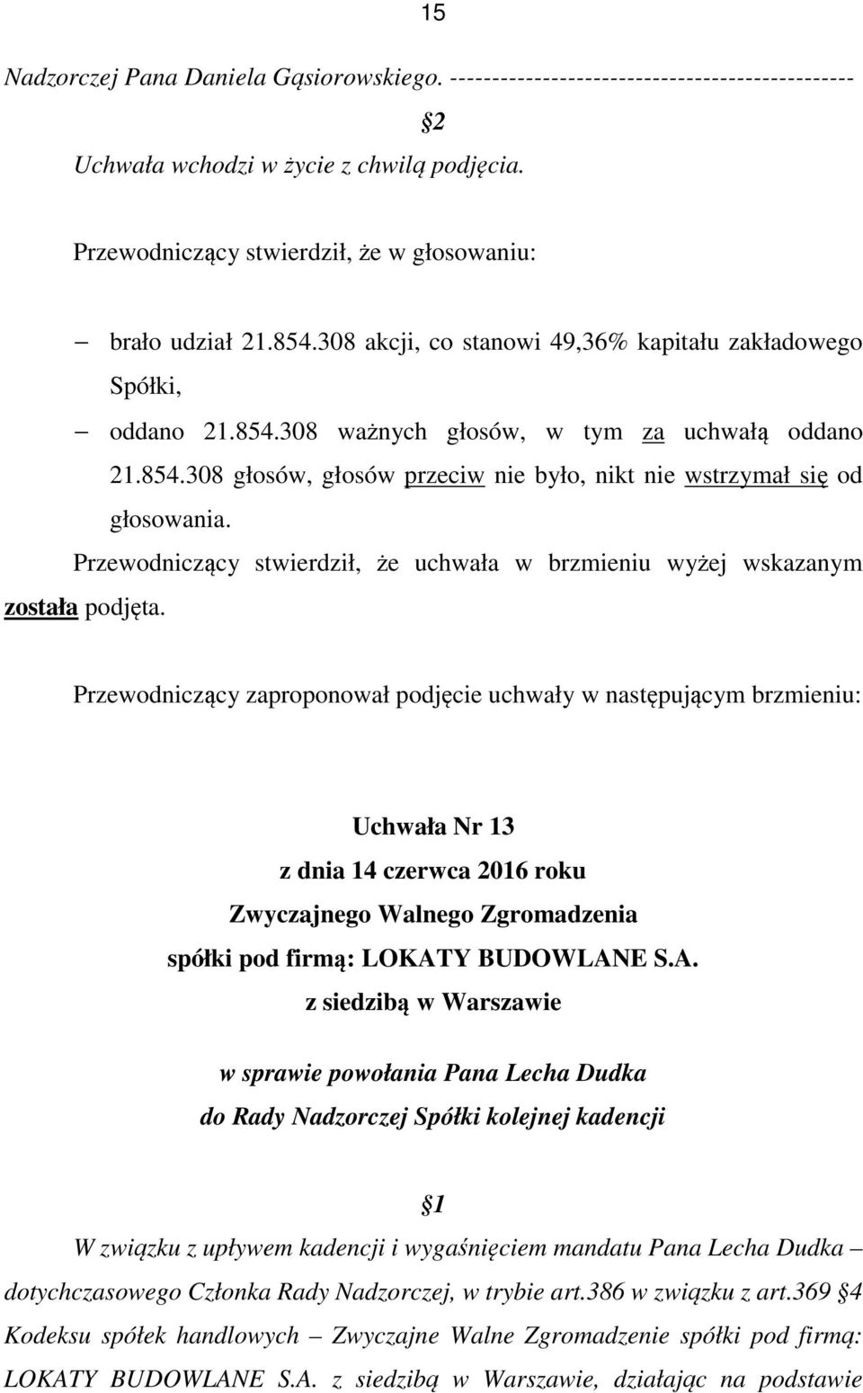 Uchwała Nr 13 w sprawie powołania Pana Lecha Dudka do Rady Nadzorczej Spółki kolejnej kadencji W związku z upływem kadencji