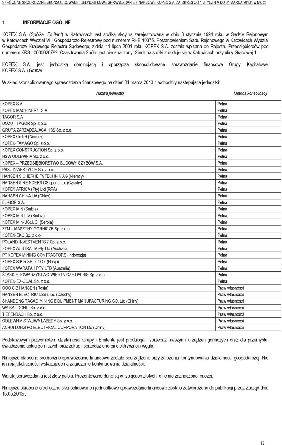 została wpisana do Rejestru Przedsiębiorców pod numerem KRS - 0000026782. Czas trwania Spółki jest nieoznaczony. Siedziba spółki znajduje się w Katowicach przy ulicy Grabowej 1. KOPEX S.A.