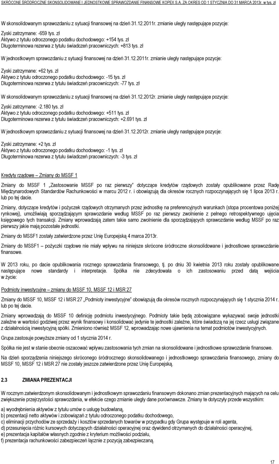 zmianie uległy następujące pozycje: Zyski zatrzymane: +62 tys. zł Aktywo z tytułu odroczonego podatku dochodowego: -15 tys. zł Długoterminowa rezerwa z tytułu świadczeń pracowniczych: -77 tys.