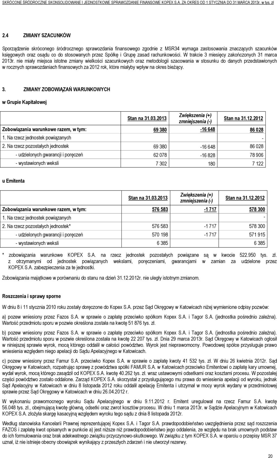 nie miały miejsca istotne zmiany wielkości szacunkowych oraz metodologii szacowania w stosunku do danych przedstawionych w rocznych sprawozdaniach finansowych za 2012 rok, które miałyby wpływ na