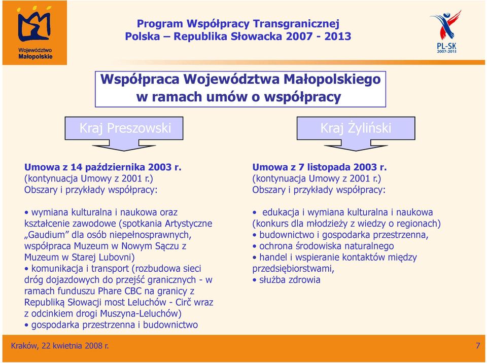 Lubovni) komunikacja i transport (rozbudowa sieci dróg dojazdowych do przejść granicznych - w ramach funduszu Phare CBC na granicy z Republiką Słowacji most Leluchów - Cirč wraz z odcinkiem drogi