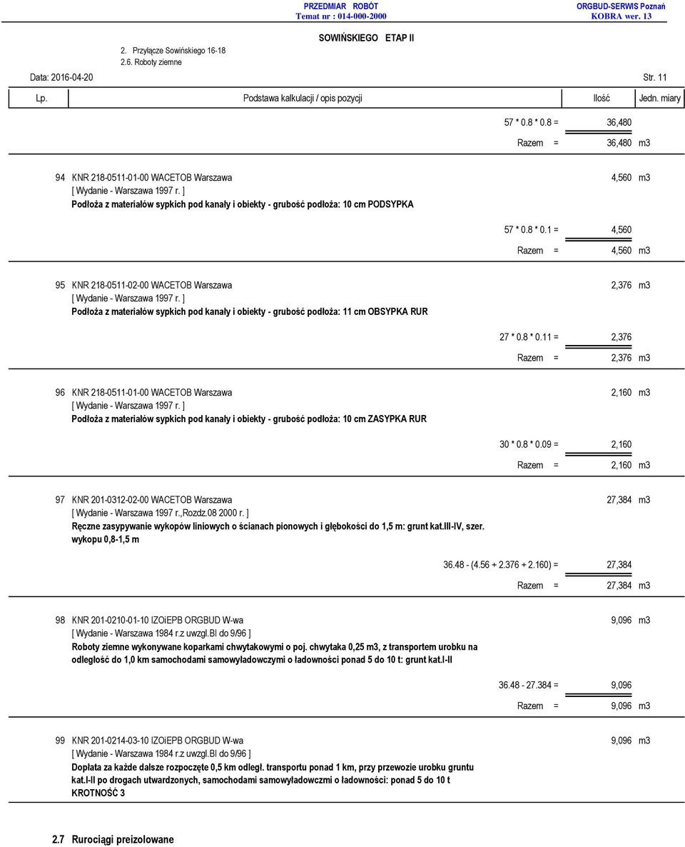 1 = 4,560 Razem = 4,560 m3 95 KNR 218-0511-02-00 WACETOB Warszawa 2,376 m3 Podłoża z materiałów sypkich pod kanały i obiekty - grubość podłoża: 11 cm OBSYPKA RUR 27 * 0.8 * 0.
