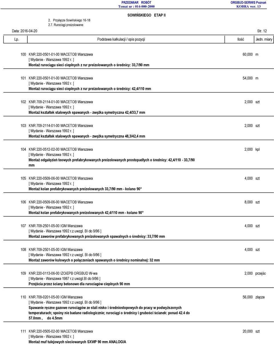 cieplnych z rur preizolowanych o średnicy: 42,4/110 102 KNR 709-2114-01-00 WACETOB Warszawa 2,000 szt Montaż kształtek stalowych spawanych - zwężka symetryczna 42,4/33,7 103 KNR 709-2114-01-00