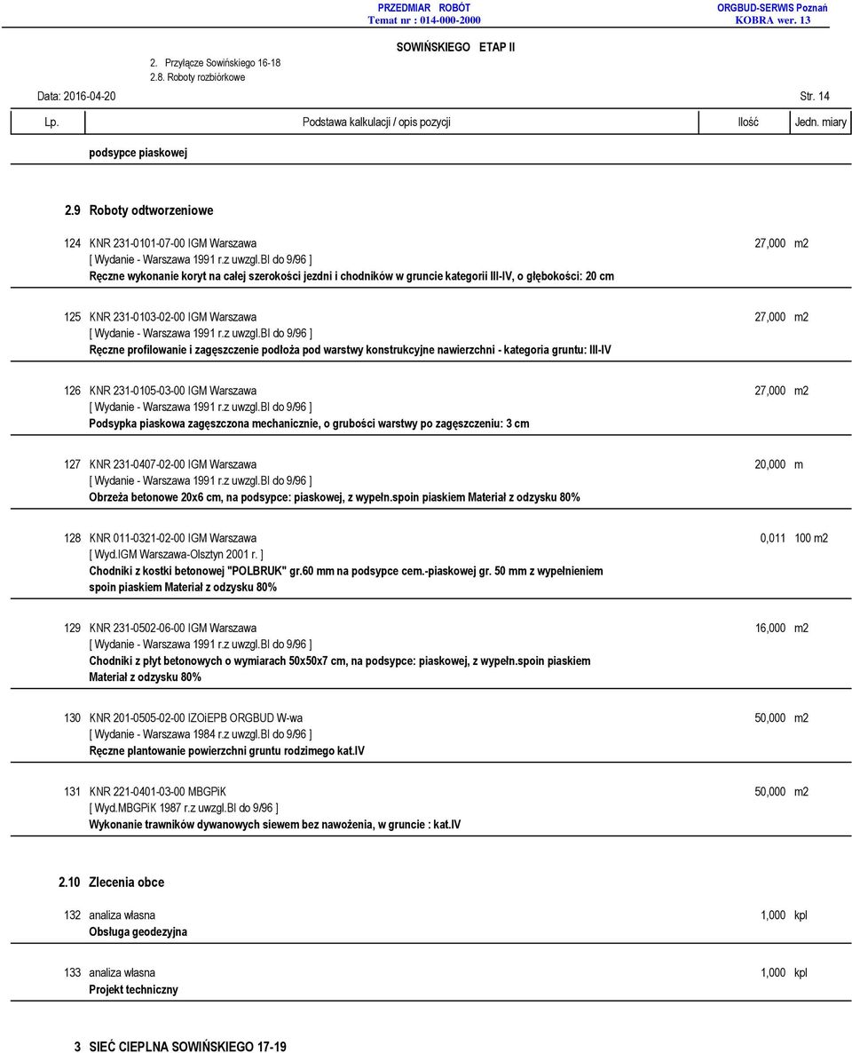 231-0103-02-00 IGM Warszawa 27,000 m2 Ręczne profilowanie i zagęszczenie podłoża pod warstwy konstrukcyjne nawierzchni - kategoria gruntu: III-IV 126 KNR 231-0105-03-00 IGM Warszawa 27,000 m2
