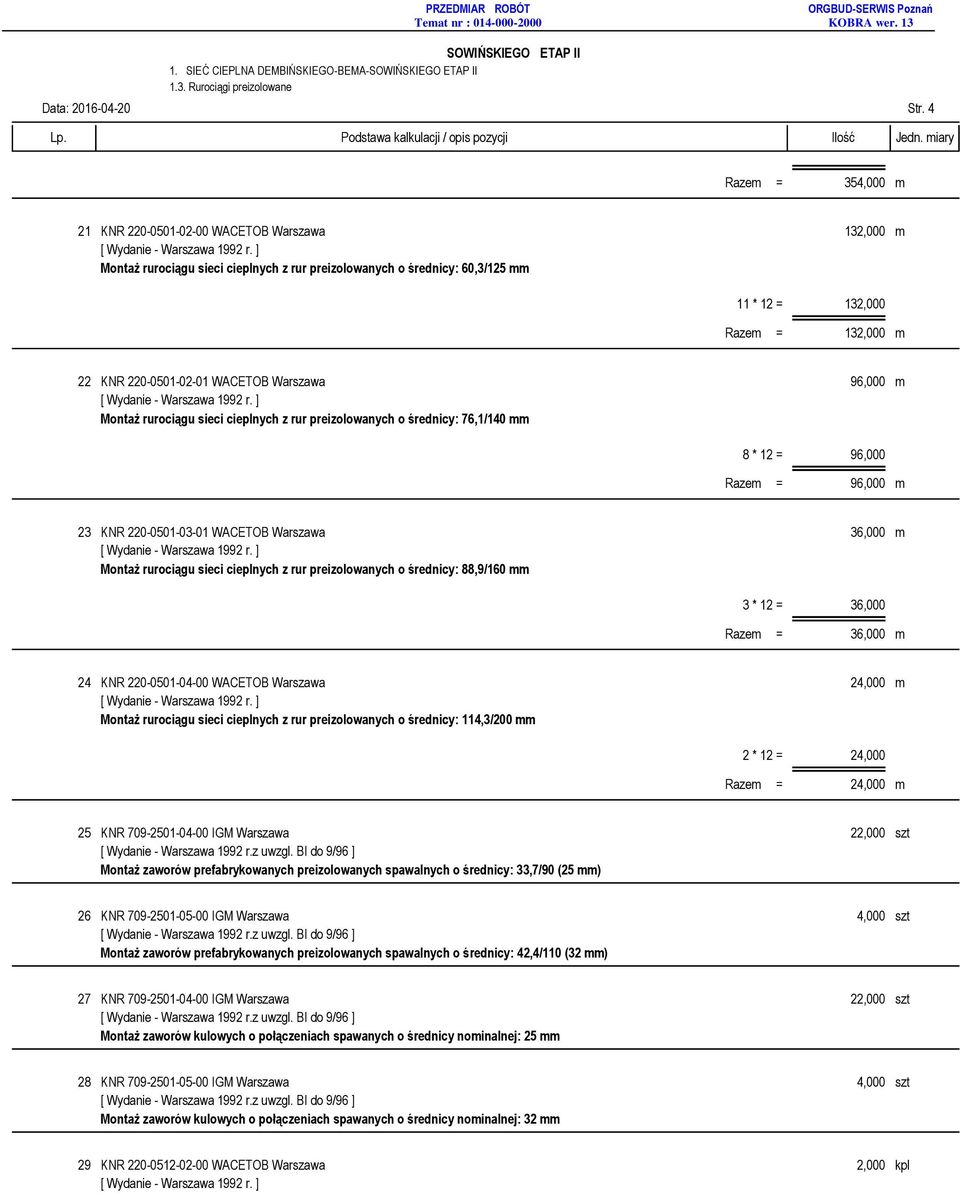 220-0501-02-01 WACETOB Warszawa 96,000 m Montaż rurociągu sieci cieplnych z rur preizolowanych o średnicy: 76,1/140 8 * 12 = 96,000 Razem = 96,000 m 23 KNR 220-0501-03-01 WACETOB Warszawa 36,000 m