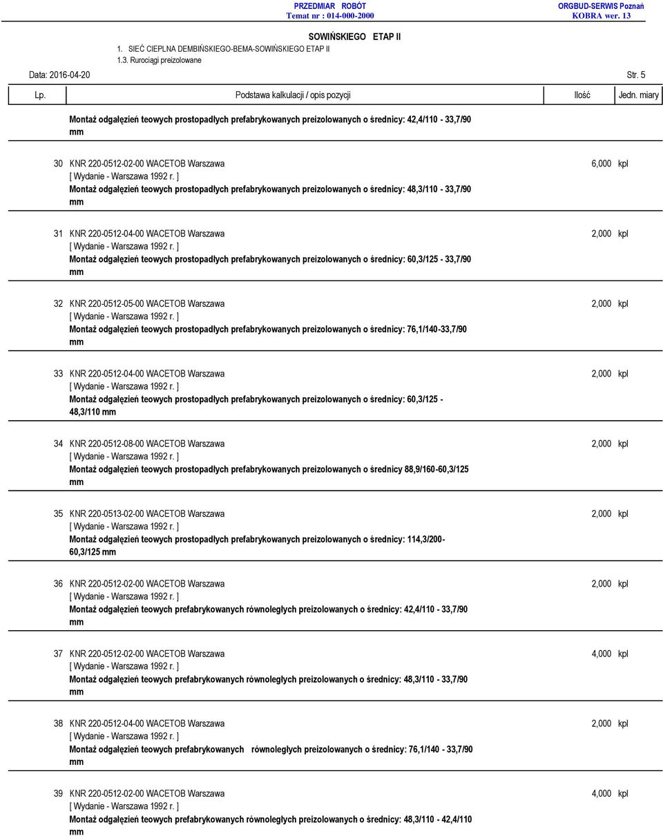 prefabrykowanych preizolowanych o średnicy: 48,3/110-33,7/90 31 KNR 220-0512-04-00 WACETOB Warszawa 2,000 kpl Montaż odgałęzień teowych prostopadłych prefabrykowanych preizolowanych o średnicy: