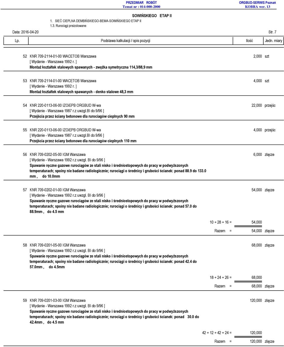 spawanych - denko stalowe 48,3 54 KNR 220-0113-06-00 IZOiEPB ORGBUD W-wa 22,000 przejśc Przejścia przez ściany betonowe dla rurociagów cieplnych 90 55 KNR 220-0113-06-00 IZOiEPB ORGBUD W-wa 4,000
