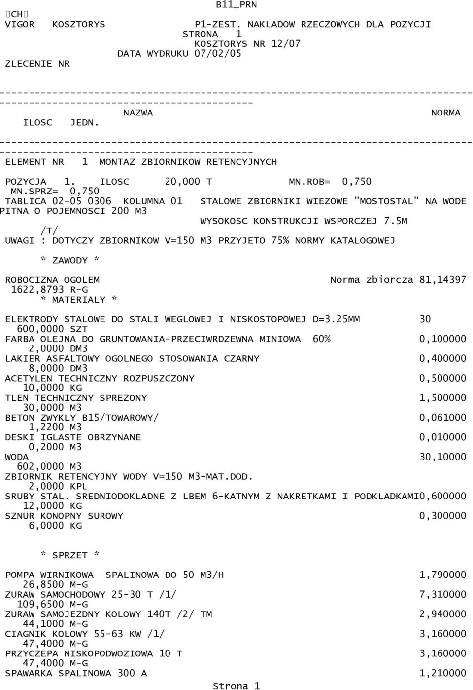 5M /T/ UWAGI : DOTYCZY ZBIORNIKOW V=150 M3 PRZYJETO 75% NORMY KATALOGOWEJ ROBOCIZNA OGOLEM Norma zbiorcza 81,14397 1622,8793 R-G ELEKTRODY STALOWE DO STALI WEGLOWEJ I NISKOSTOPOWEJ D=3.