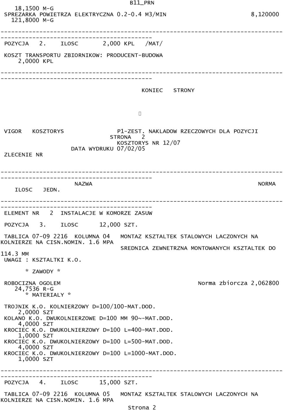 TABLICA 07-09 2216 KOLUMNA 04 MONTAZ KSZTALTEK STALOWYCH LACZONYCH NA KOLNIERZE NA CISN.NOMIN. 1.6 MPA SREDNICA ZEWNETRZNA MONTOWANYCH KSZTALTEK DO 114.3 MM UWAGI : KSZTALTKI K.O. ROBOCIZNA OGOLEM Norma zbiorcza 2,062800 24,7536 R-G TROJNIK K.