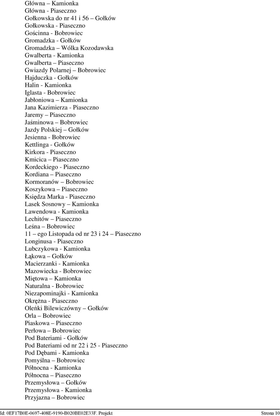 - Bobrowiec Kettlinga - Gołków Kirkora - Piaseczno Kmicica Piaseczno Kordeckiego - Piaseczno Kordiana Piaseczno Kormoranów Bobrowiec Koszykowa Piaseczno Księdza Marka - Piaseczno Lasek Sosnowy