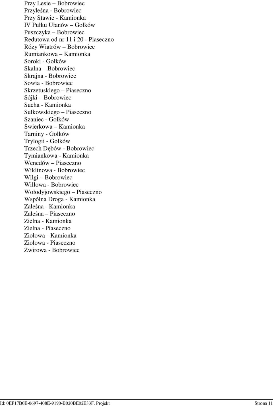 Gołków Trylogii - Gołków Trzech Dębów - Bobrowiec Tymiankowa - Kamionka Wenedów Piaseczno Wiklinowa - Bobrowiec Wilgi Bobrowiec Willowa - Bobrowiec Wołodyjowskiego Piaseczno Wspólna Droga -