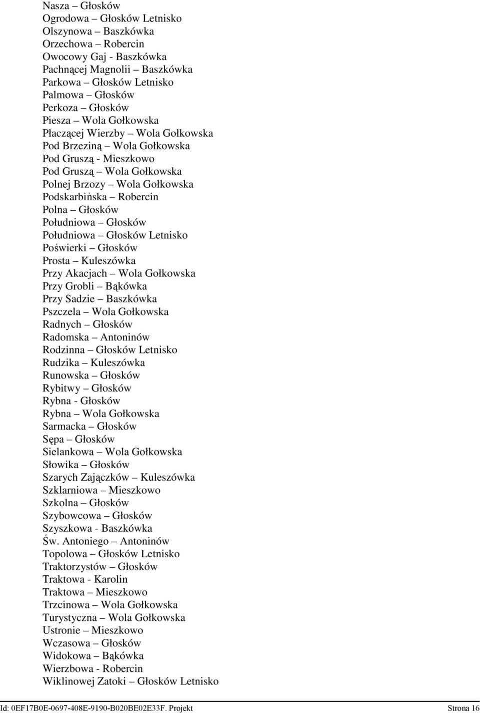 Południowa Głosków Południowa Głosków Letnisko Poświerki Głosków Prosta Kuleszówka Przy Akacjach Wola Gołkowska Przy Grobli Bąkówka Przy Sadzie Baszkówka Pszczela Wola Gołkowska Radnych Głosków