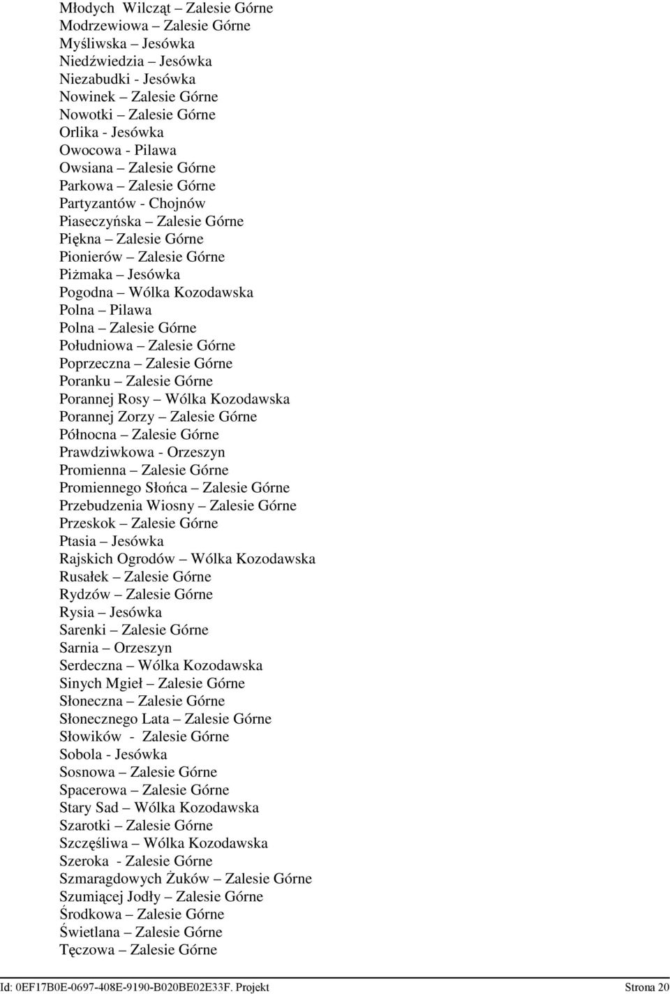 Zalesie Górne Południowa Zalesie Górne Poprzeczna Zalesie Górne Poranku Zalesie Górne Porannej Rosy Wólka Kozodawska Porannej Zorzy Zalesie Górne Północna Zalesie Górne Prawdziwkowa - Orzeszyn