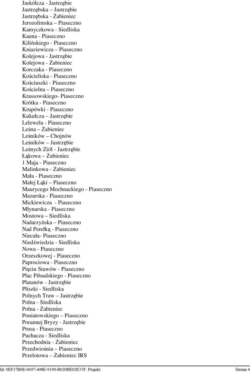 Jastrzębie Lelewela - Piaseczno Leśna Żabieniec Leśników Chojnów Leśników Jastrzębie Leśnych Ziół - Jastrzębie Łąkowa Żabieniec 1 Maja - Piaseczno Malinkowa - Żabieniec Mała - Piaseczno Małej Łąki