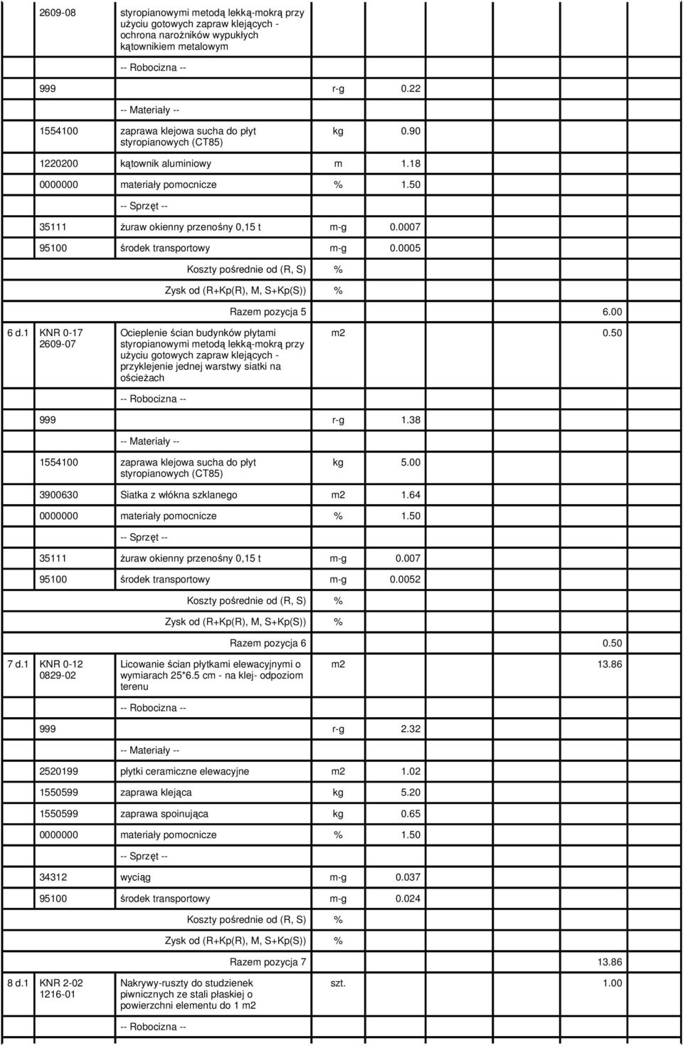 0005 Razem pozycja 5 6.00 6 d.1 2609-07 Ocieplenie ścian budynków płytami styropianowymi metodą lekką-mokrą przy uŝyciu gotowych zapraw klejących - przyklejenie jednej warstwy siatki na ościeŝach 0.