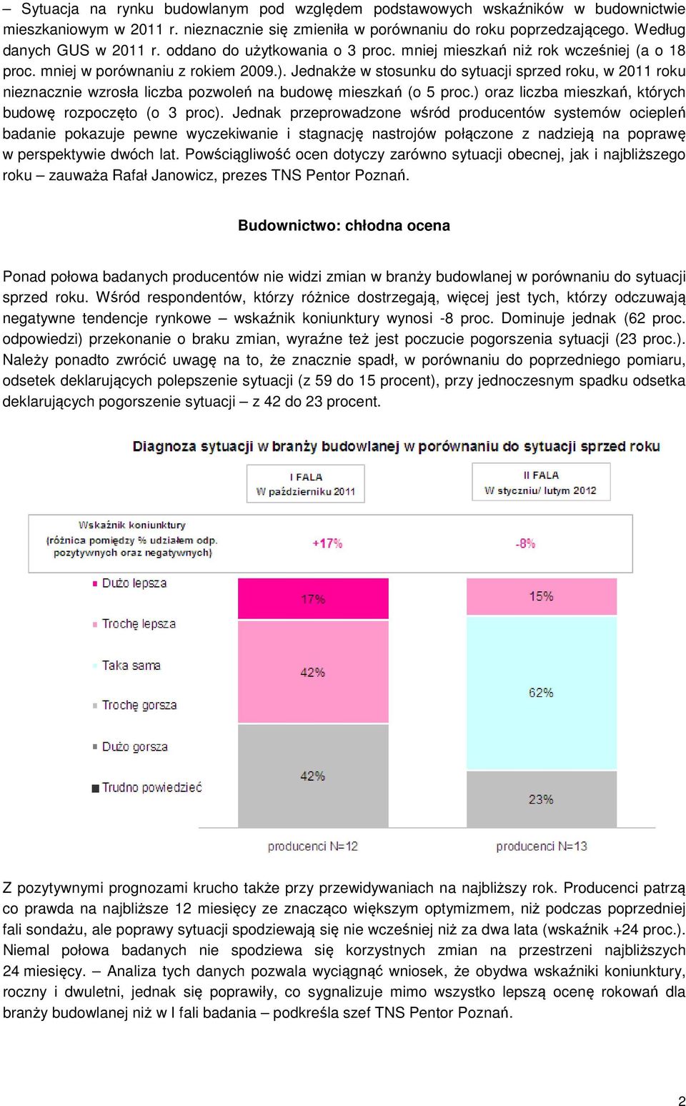 Jednakże w stosunku do sytuacji sprzed roku, w 2011 roku nieznacznie wzrosła liczba pozwoleń na budowę mieszkań (o 5 proc.) oraz liczba mieszkań, których budowę rozpoczęto (o 3 proc).