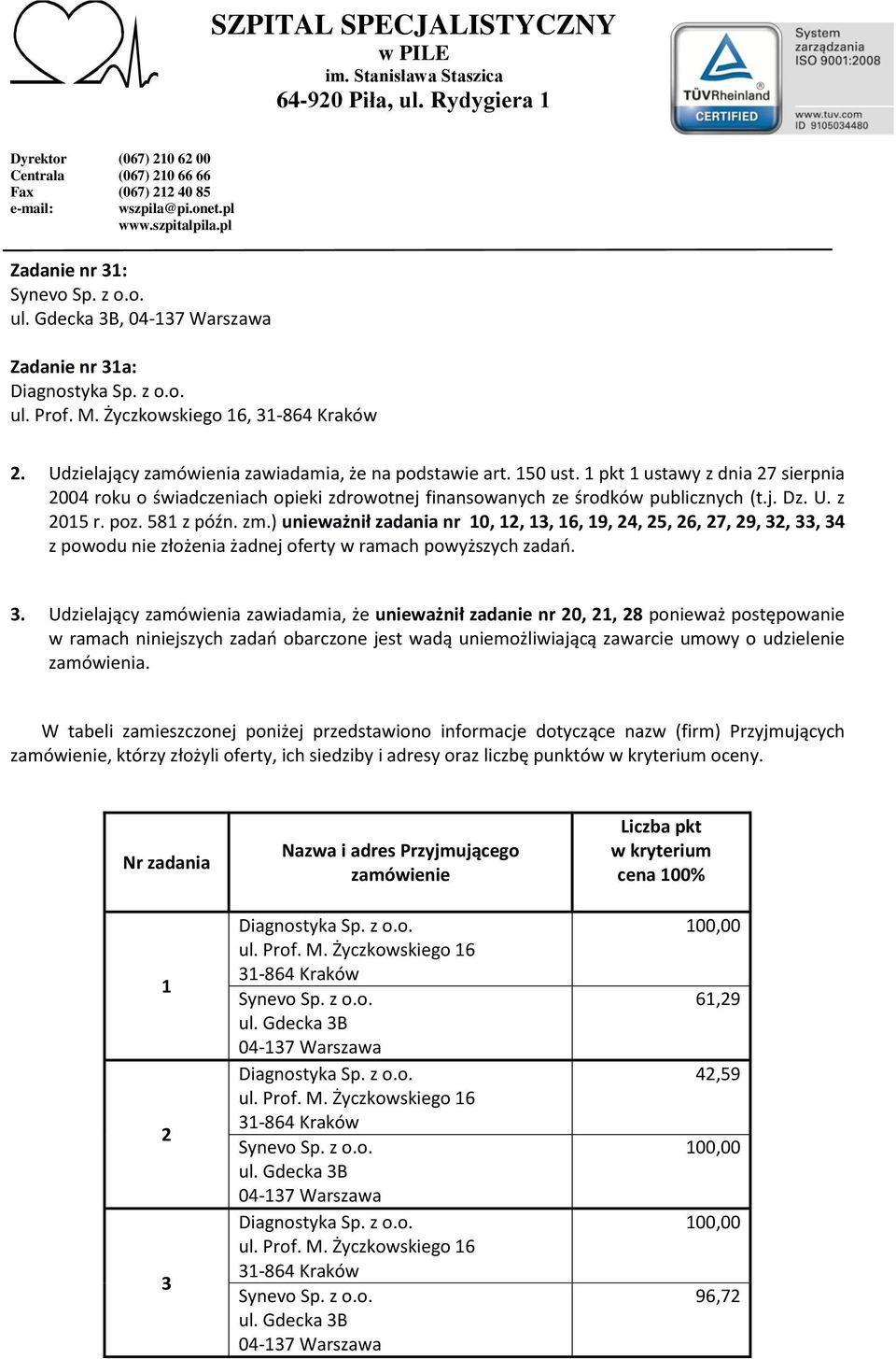 ) unieważnił zadania nr 10, 12, 13, 16, 19, 24, 25, 26, 27, 29, 32