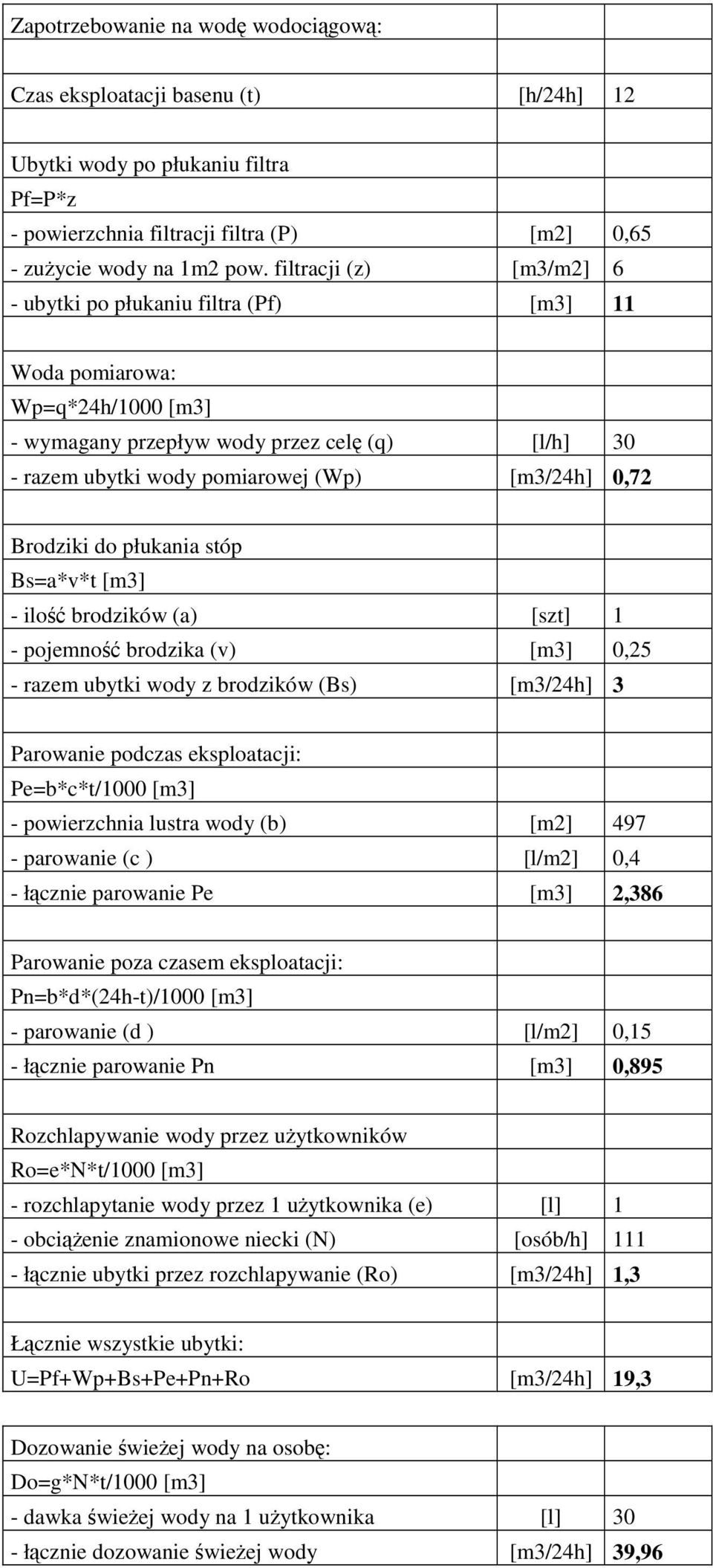 Brodziki do płukania stóp Bs=a*v*t [m3] - ilość brodzików (a) [szt] 1 - pojemność brodzika (v) [m3] 0,25 - razem ubytki wody z brodzików (Bs) [m3/24h] 3 Parowanie podczas eksploatacji: Pe=b*c*t/1000