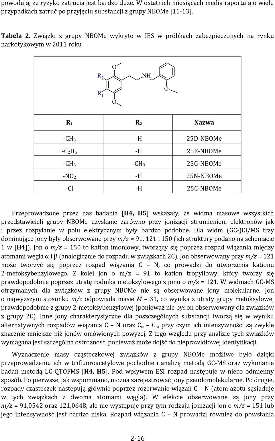 NBOMe Cl H 25C NBOMe Przeprowadzone przez nas badania [H4, H5] wskazały, że widma masowe wszystkich przedstawicieli grupy NBOMe uzyskane zarówno przy jonizacji strumieniem elektronów jak i przez